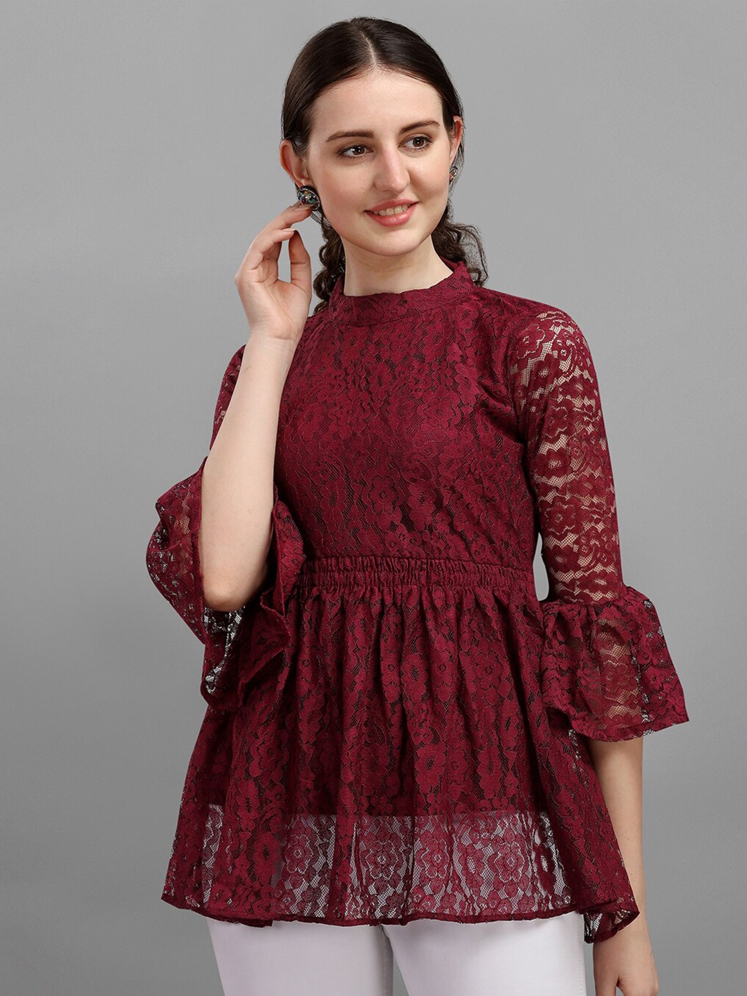 

Amrutam Fab Women Maroon Floral Net Peplum Top