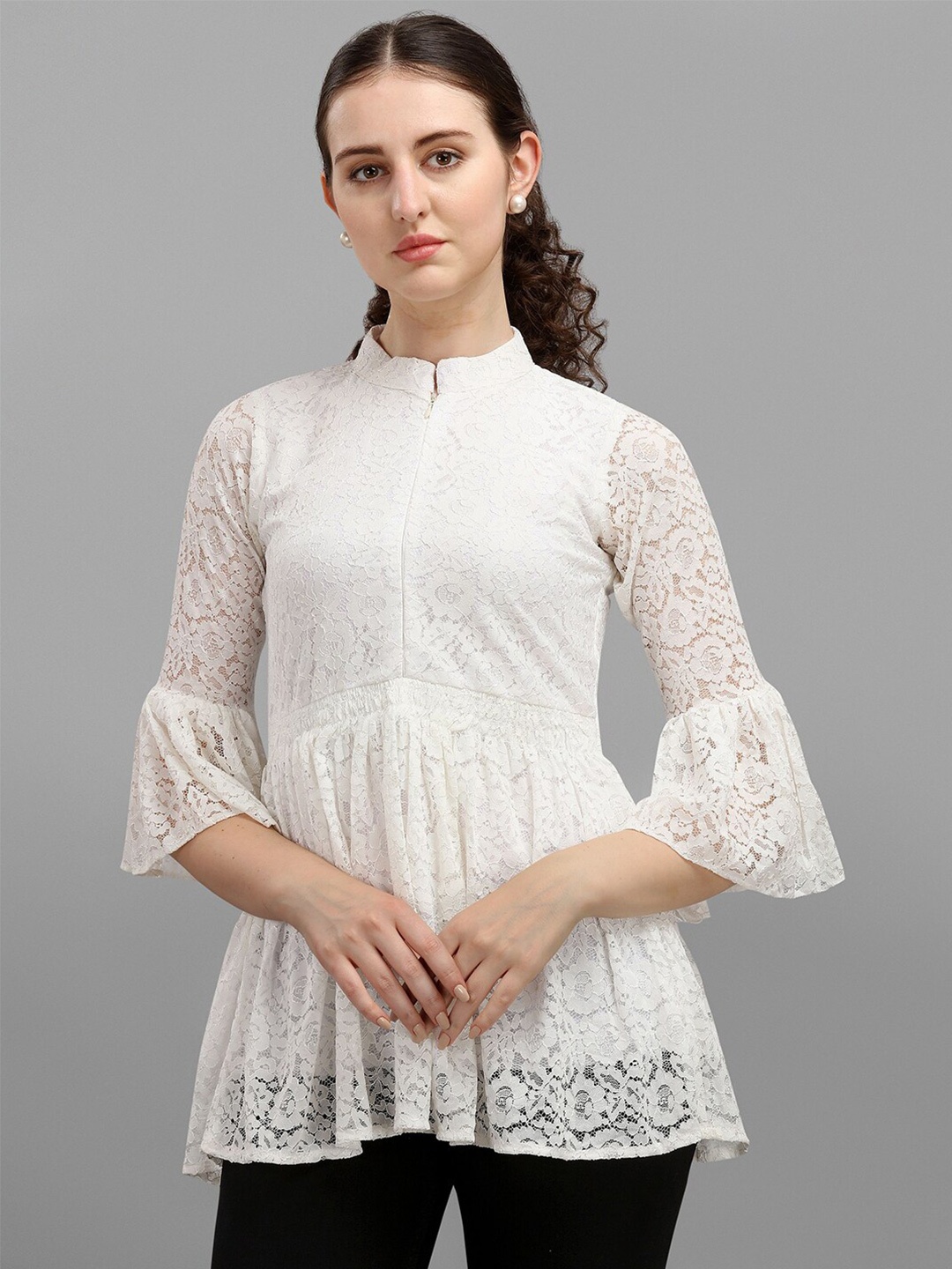 

Amrutam Fab Women White Self Design Mandarin Collar Net Empire Top