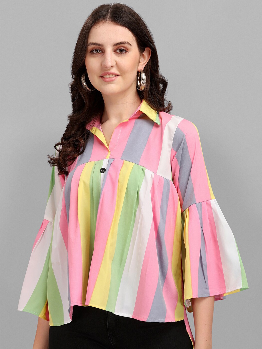 

Amrutam Fab Multicoloured Striped Crepe Shirt Style Top, Multi