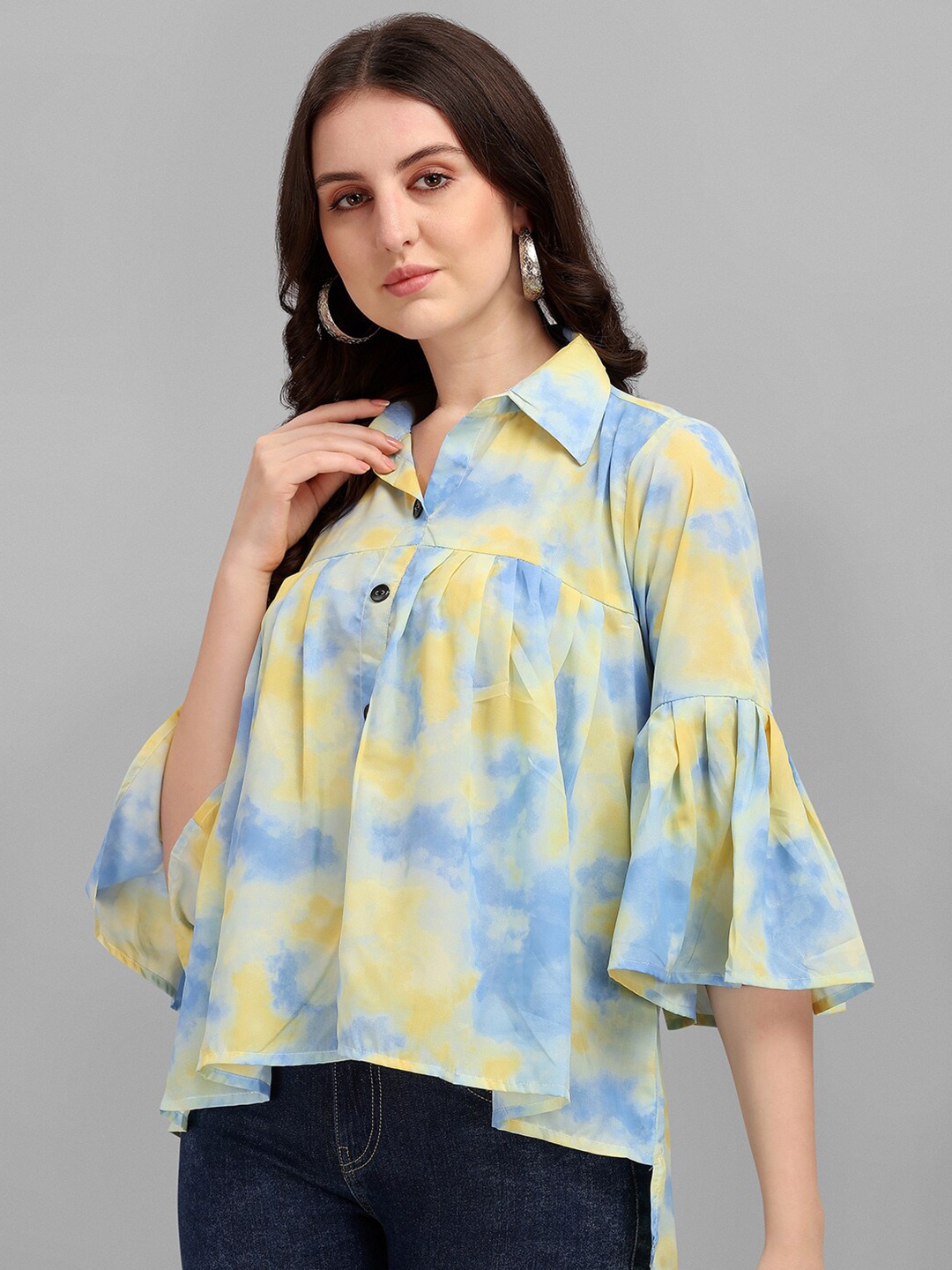 

Amrutam Fab Blue & Yellow Print Crepe Shirt Style Top
