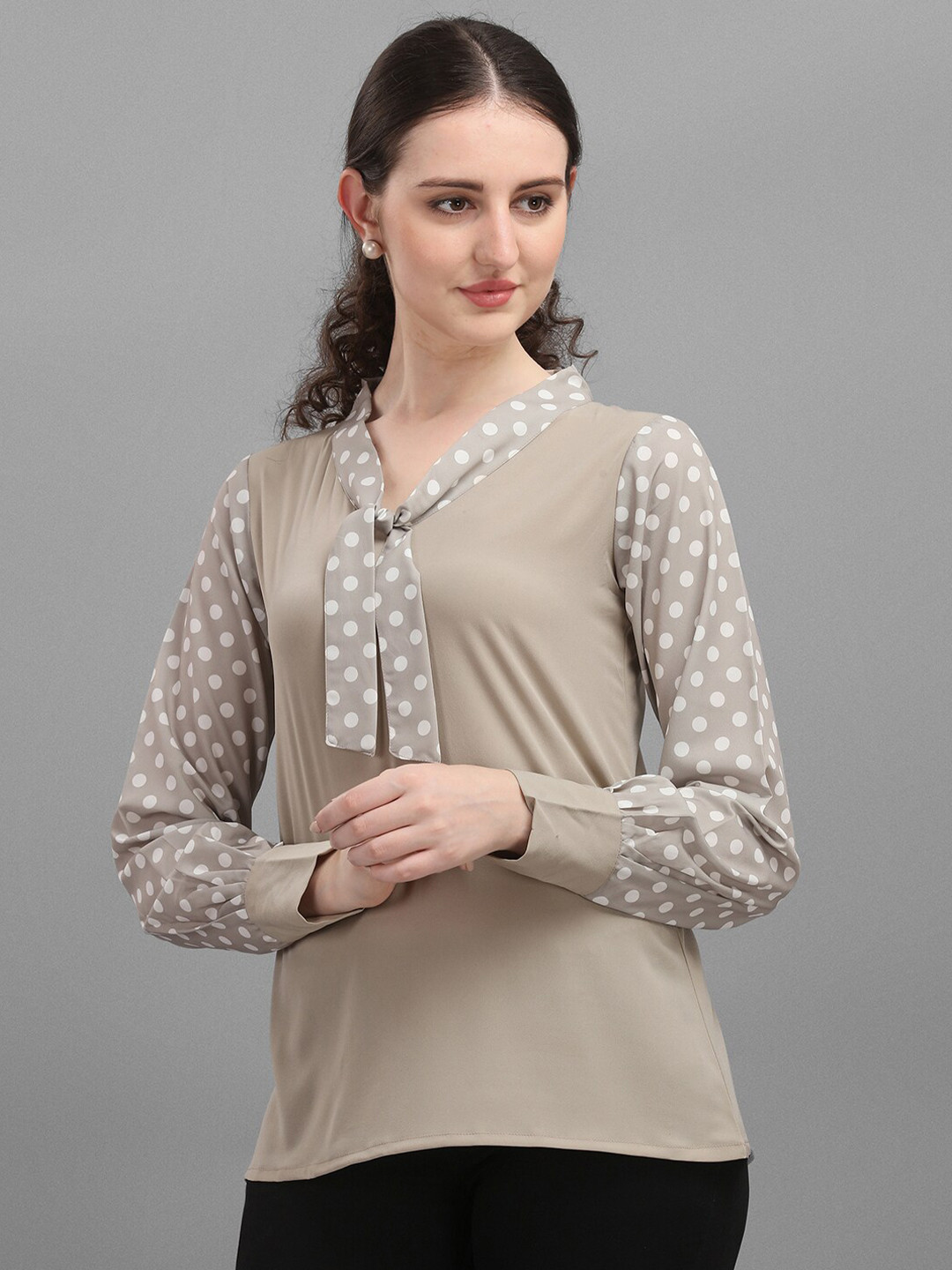 

Amrutam Fab Women Beige Tie-Up Neck Top