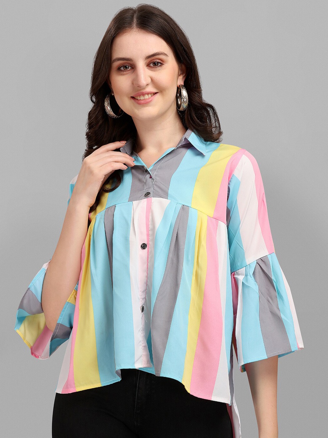 

Amrutam Fab Blue Striped Bell Sleeves Crepe Shirt Style Top