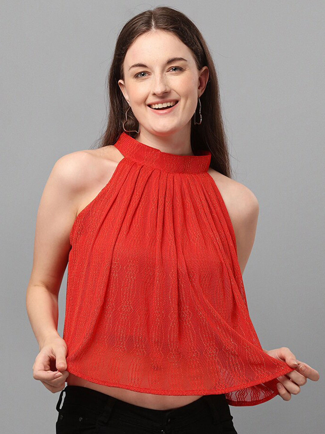 

Amrutam Fab Women Red Solid High Neck Styled Back Top