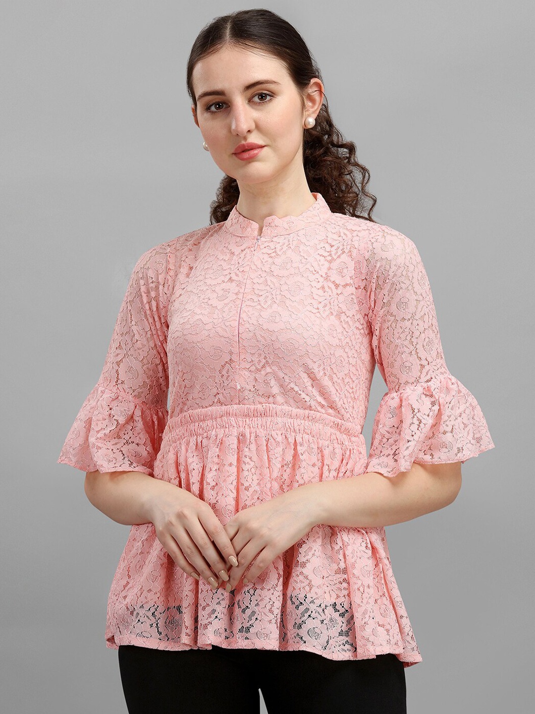 

Amrutam Fab Pink Mandarin Collar Net A-Line Top