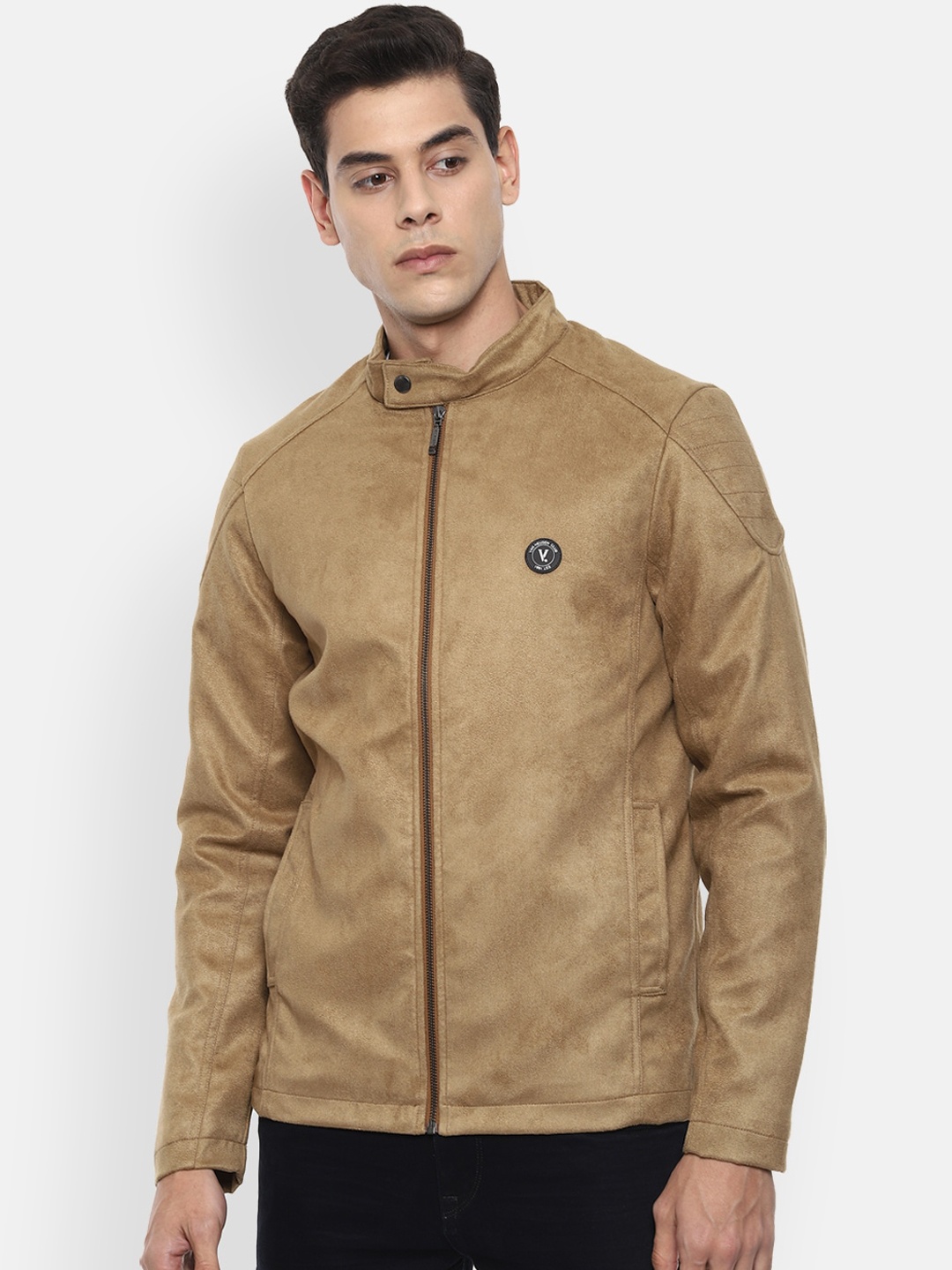 

V Dot Men Khaki Solid Biker Jacket