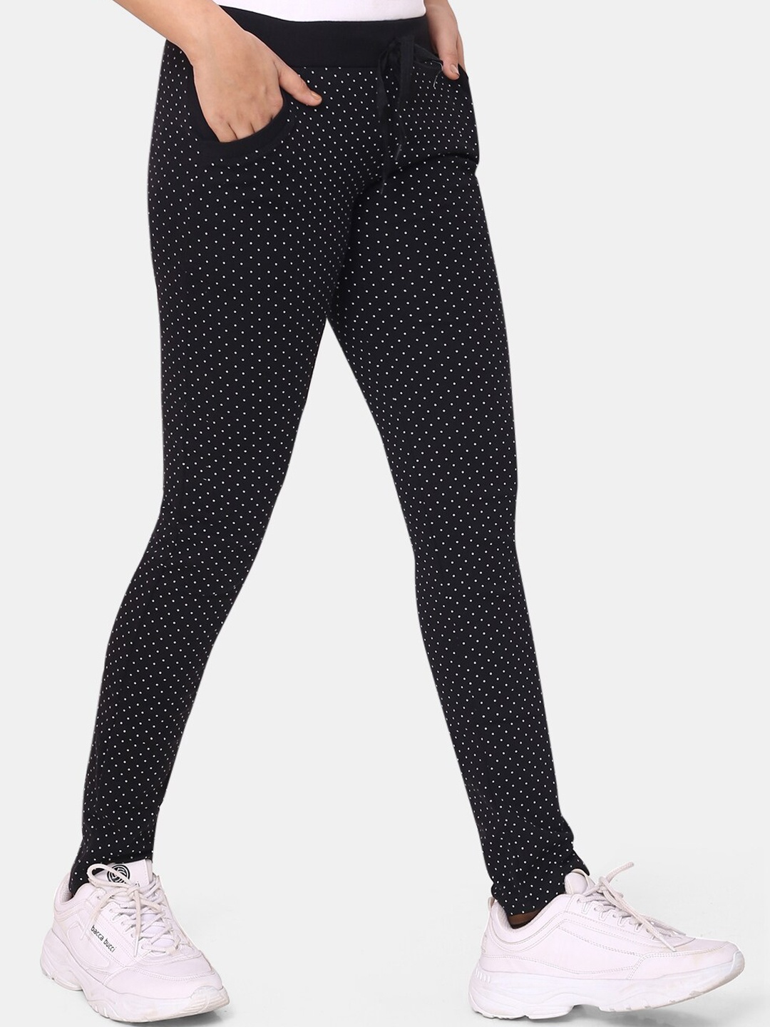 

ZRI Women Black & White Polka Dots Printed Track Pants