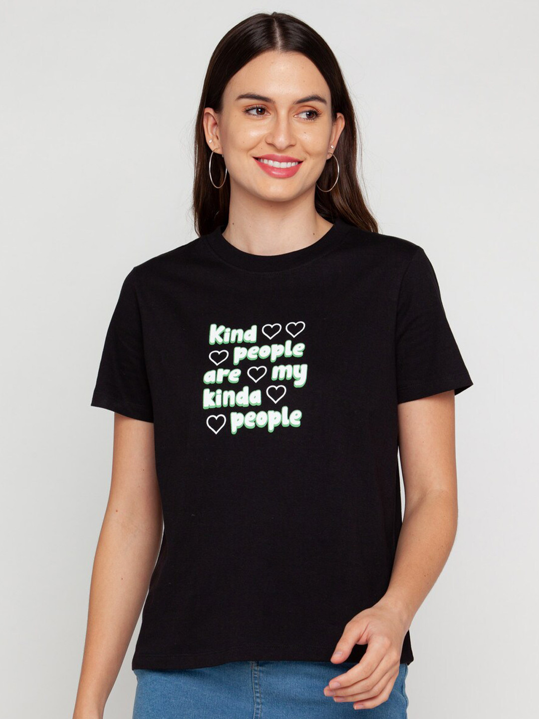 

Zink London Women Black Typography Printed Pure Cotton T-shirt