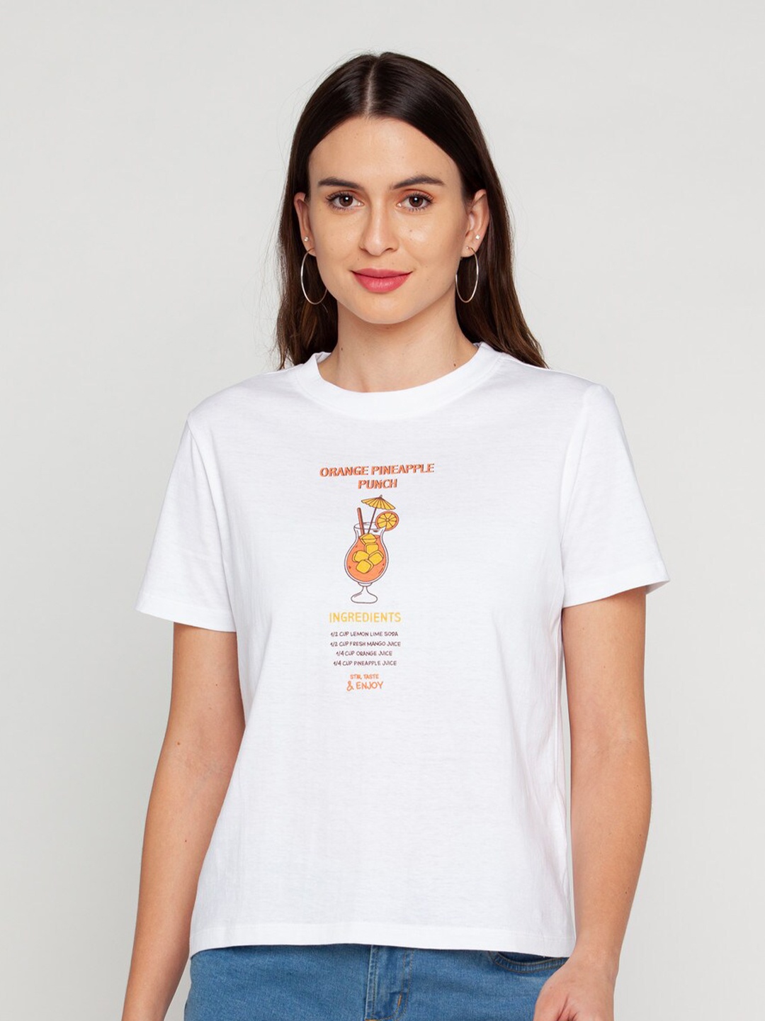 

Zink London Women White Printed Pure Cotton T-shirt