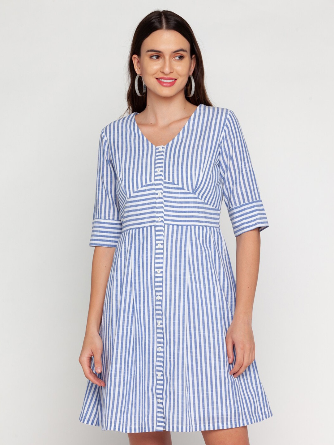 

Zink London Women White & Blue Striped Cotton A-Line Dress