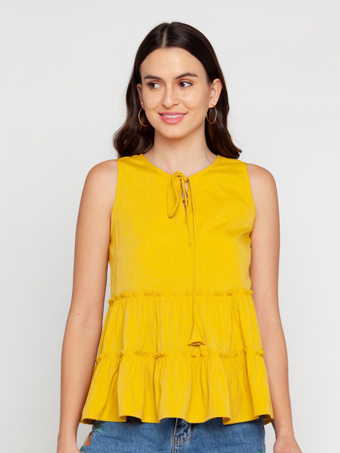 

Zink London Women Mustard Yellow Solid Tiered A-Line Top