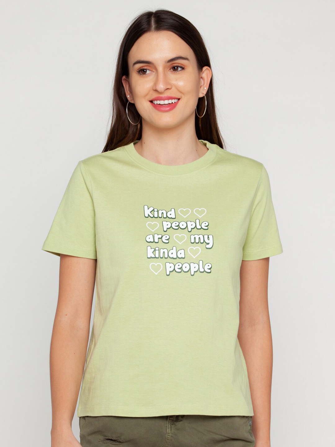 

Zink London Women Green Typography Printed Pure Cotton T-shirt