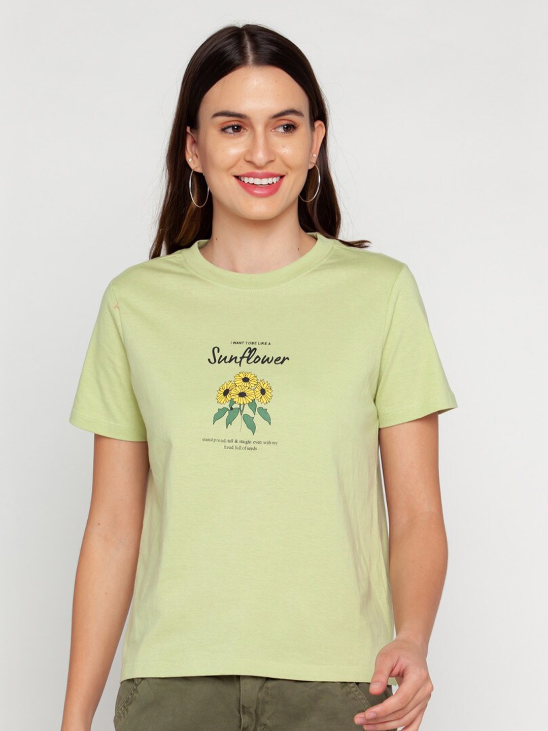 

Zink London Women Lime Green Printed Pure Cotton T-shirt