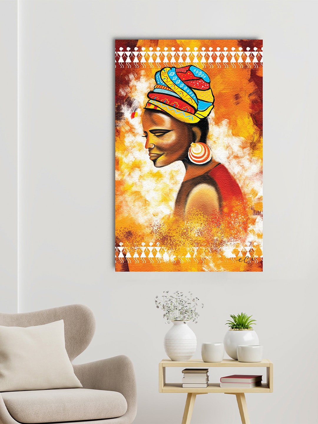 

eCraftIndia Orange & Red Tribal Lady Printed Wall Painting
