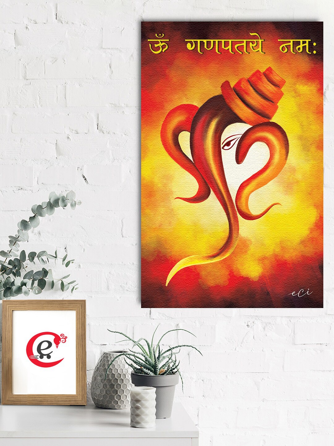 eCraftIndia Red & Yellow Lord Ganesha Matt Textured UV Wall Art