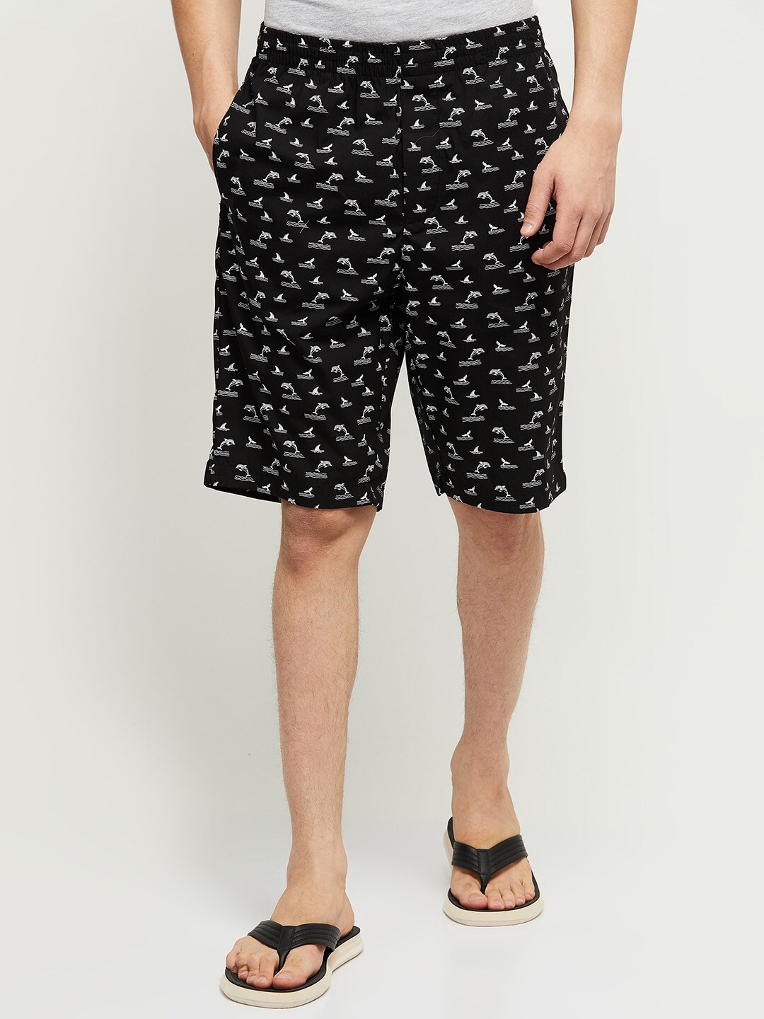 

max Men Black & White Printed Cotton Lounge Shorts