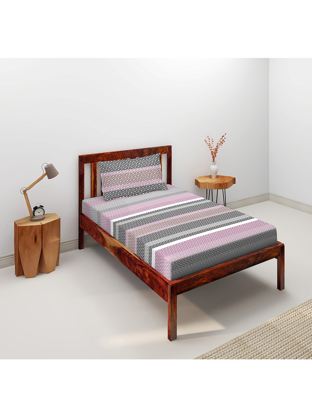 

Duroflex Unisex Purple & Grey Striped Cotton Bedsheets