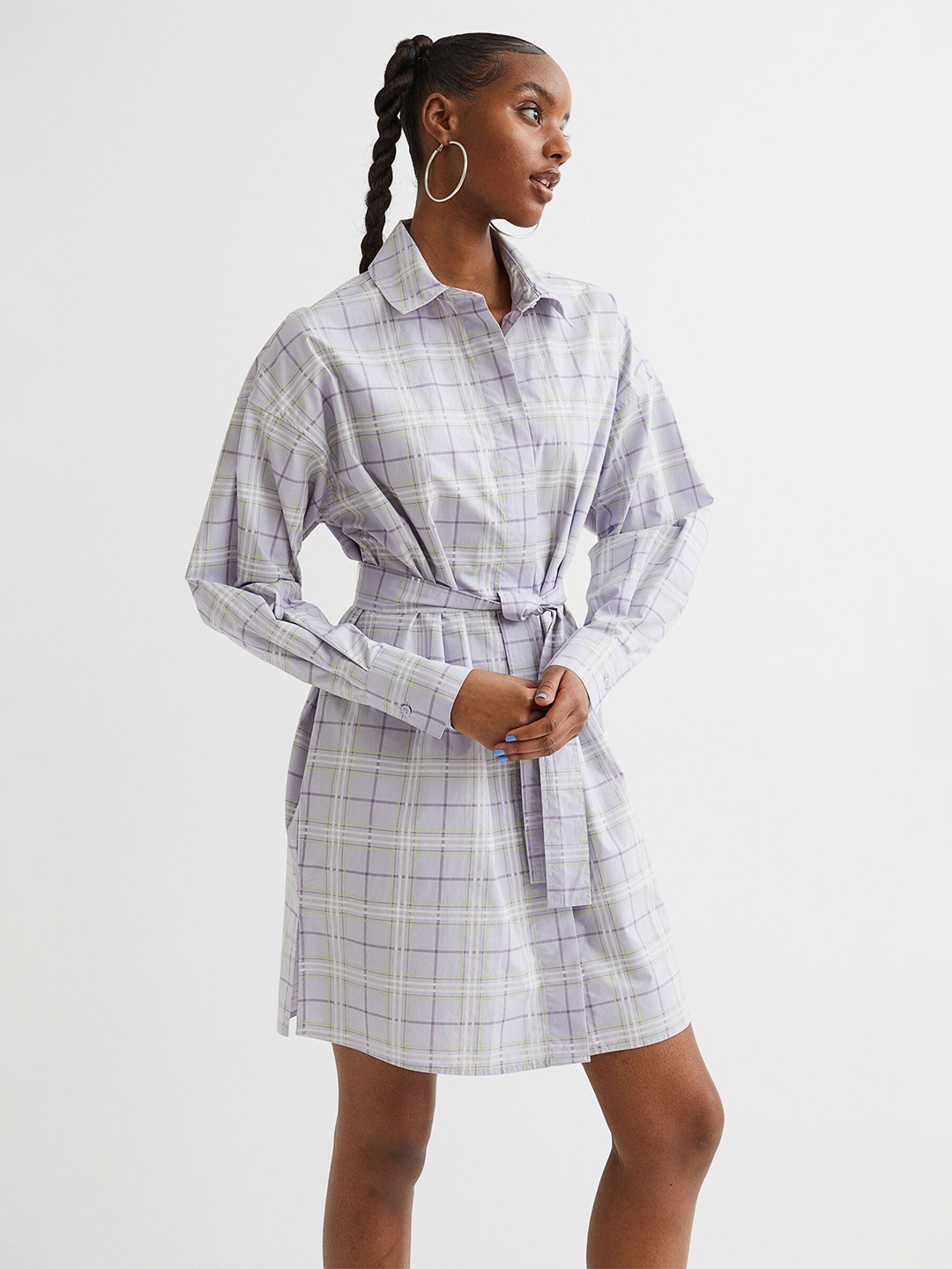 

H&M Women Purple Checked Cotton Tie-Belt Shirt Dress