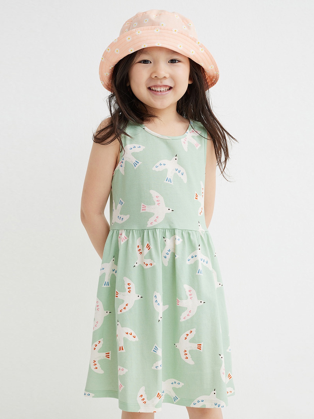 

H&M Girls & White Patterned Round Neck Cotton Jersey Dress, Green