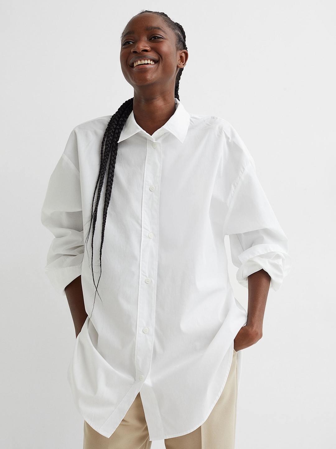 

H&M Women White Solid Oversized Pure Cotton Shirt