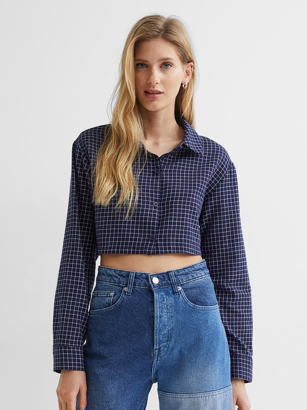 

H&M Women Blue Cropped Cotton Shirt