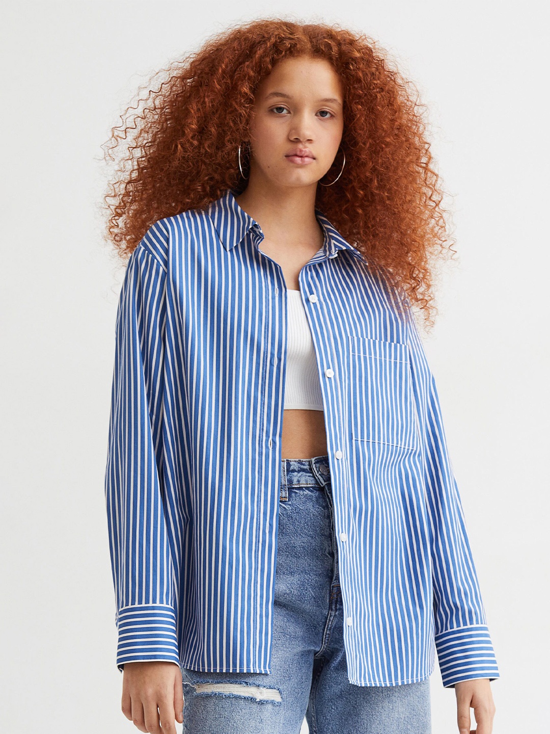 

H&M Women Blue Striped Oversized Pure Cotton Shirt