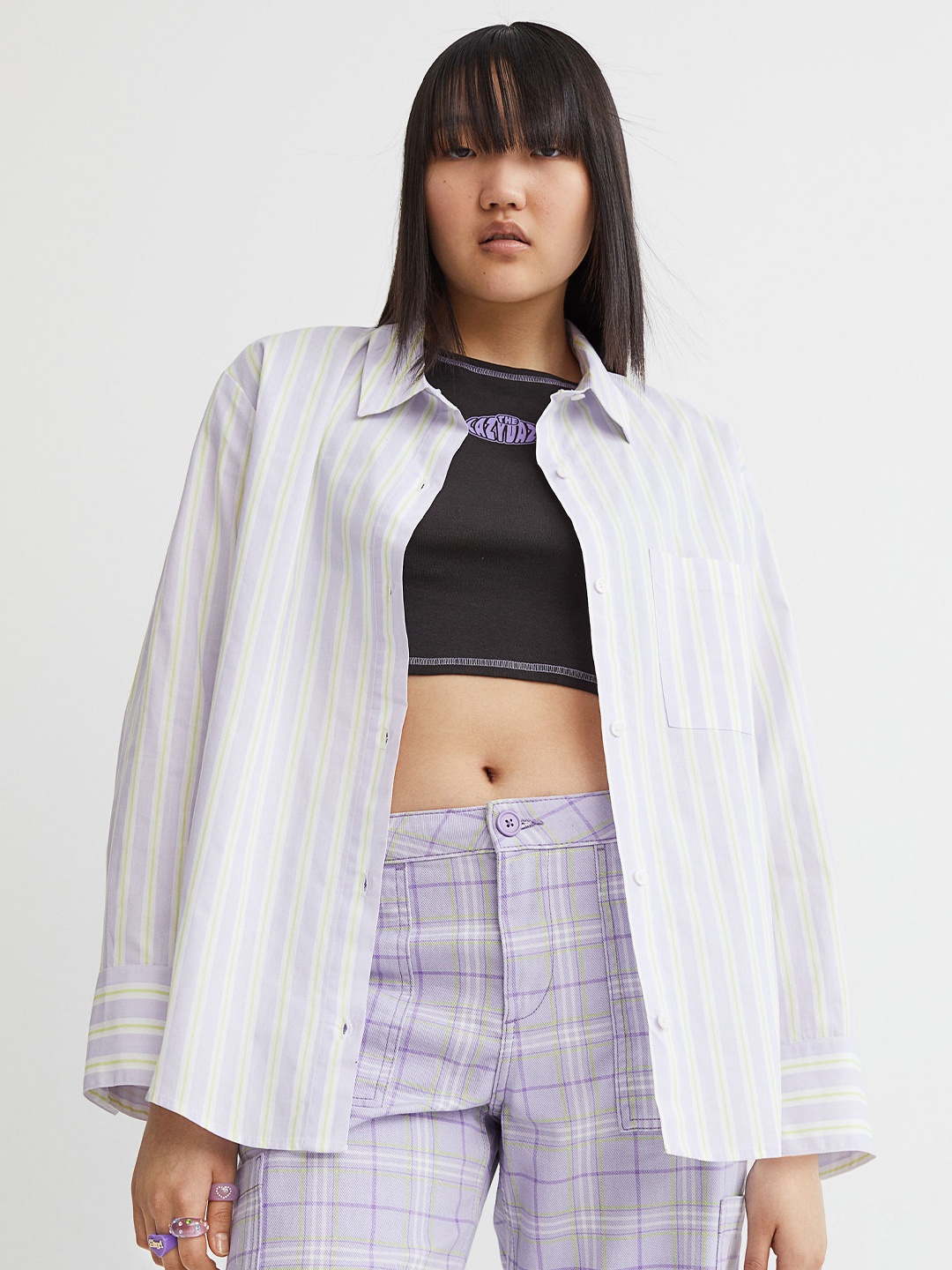 

H&M Women Purple & White Striped Oversized Cotton Shirt