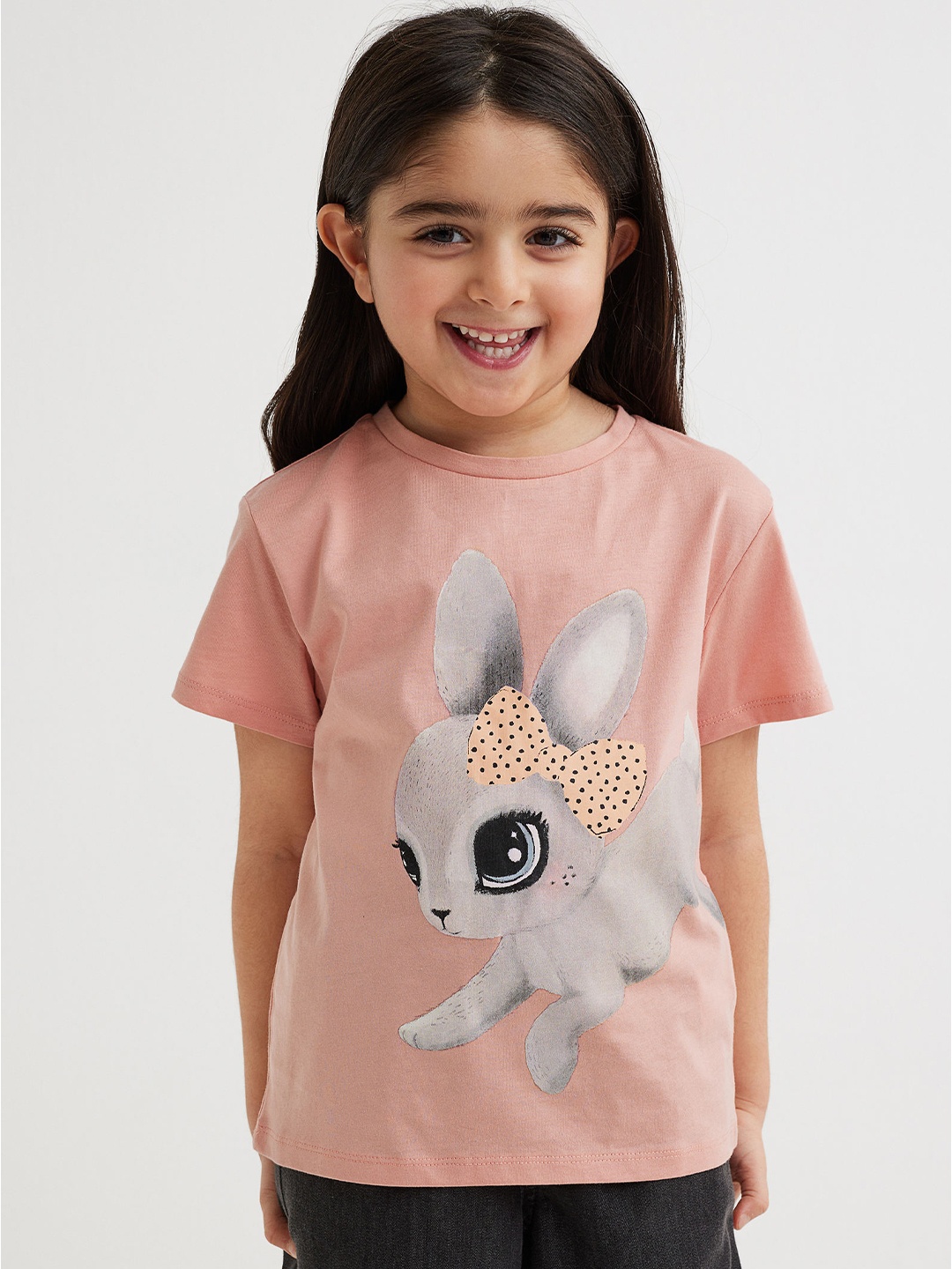 

H&M Girls Pink & Grey Graphic Printed Pure Cotton T-shirt