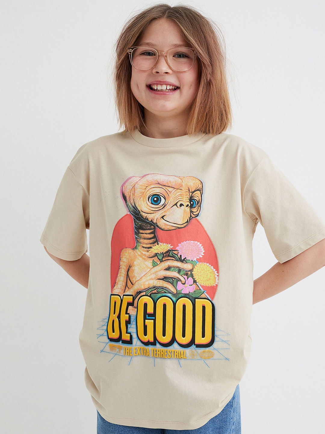 

H&M Girls Beige & Yellow Oversized Printed T-shirt