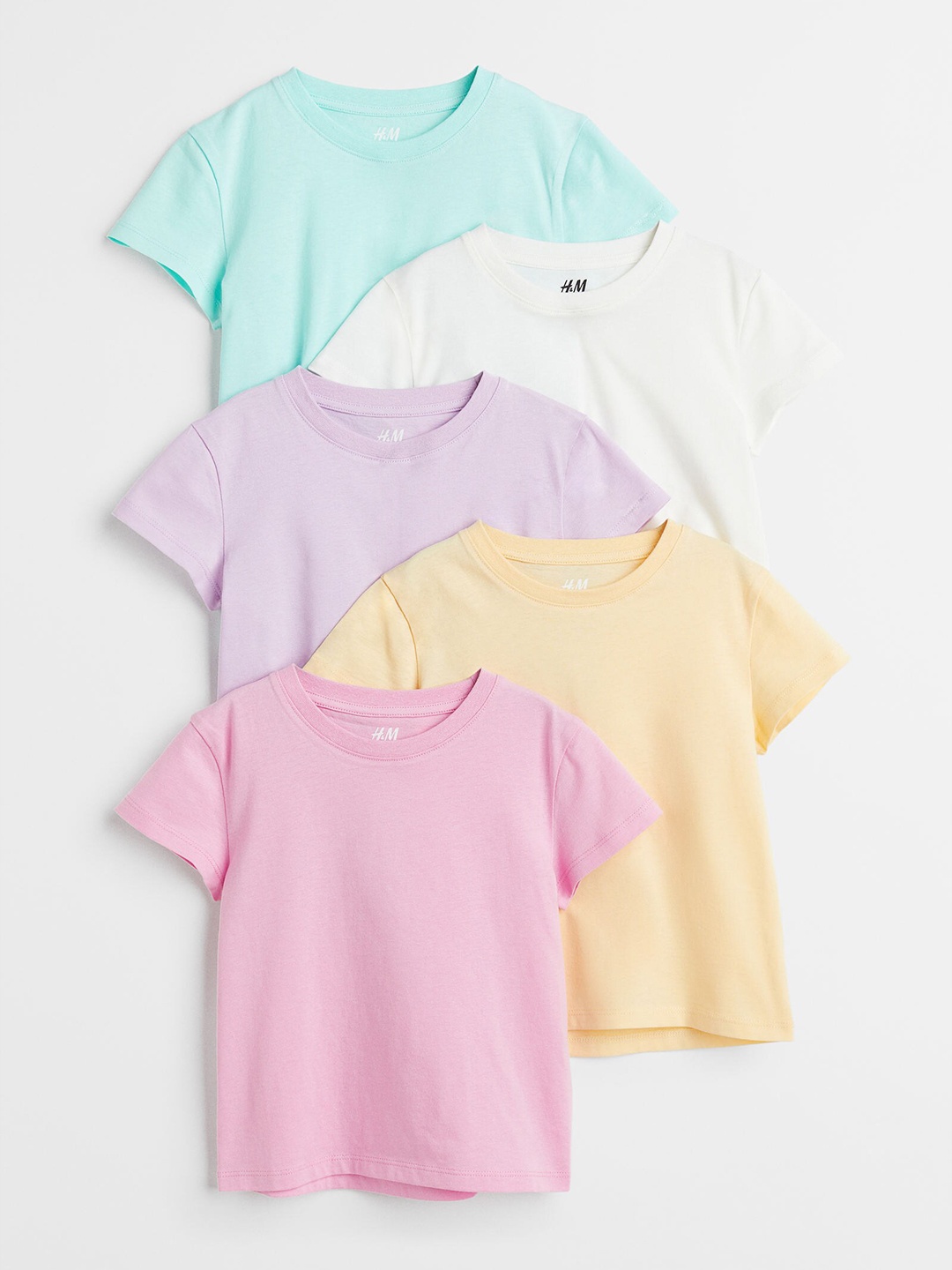 

H&M Girls Pack of 5 Solid Cotton Round Neck T-shirts, Green