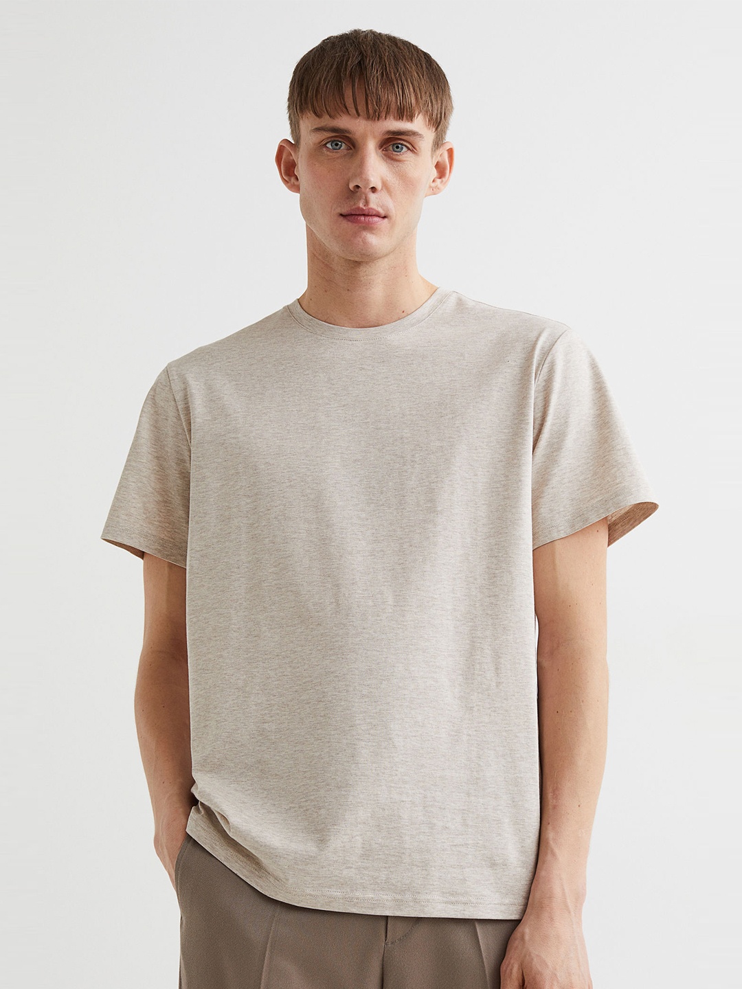 

H&M Men Beige Solid Regular Fit Premium Cotton T-shirt
