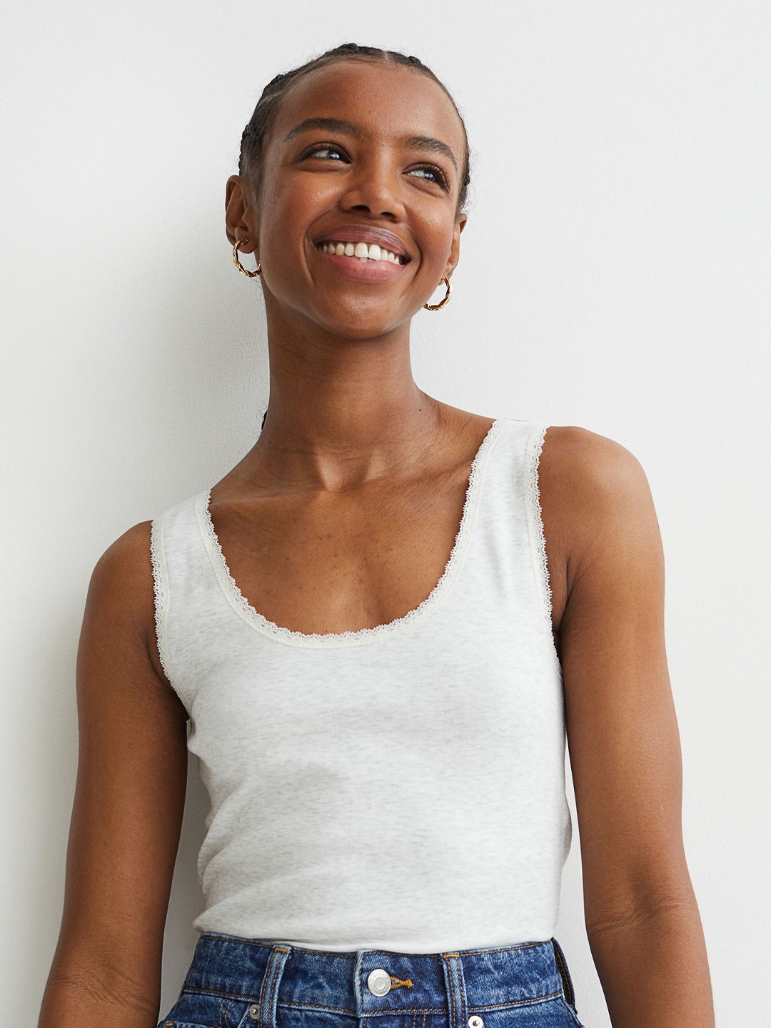 

H&M Women Grey Solid Vest Top With Lace Trims