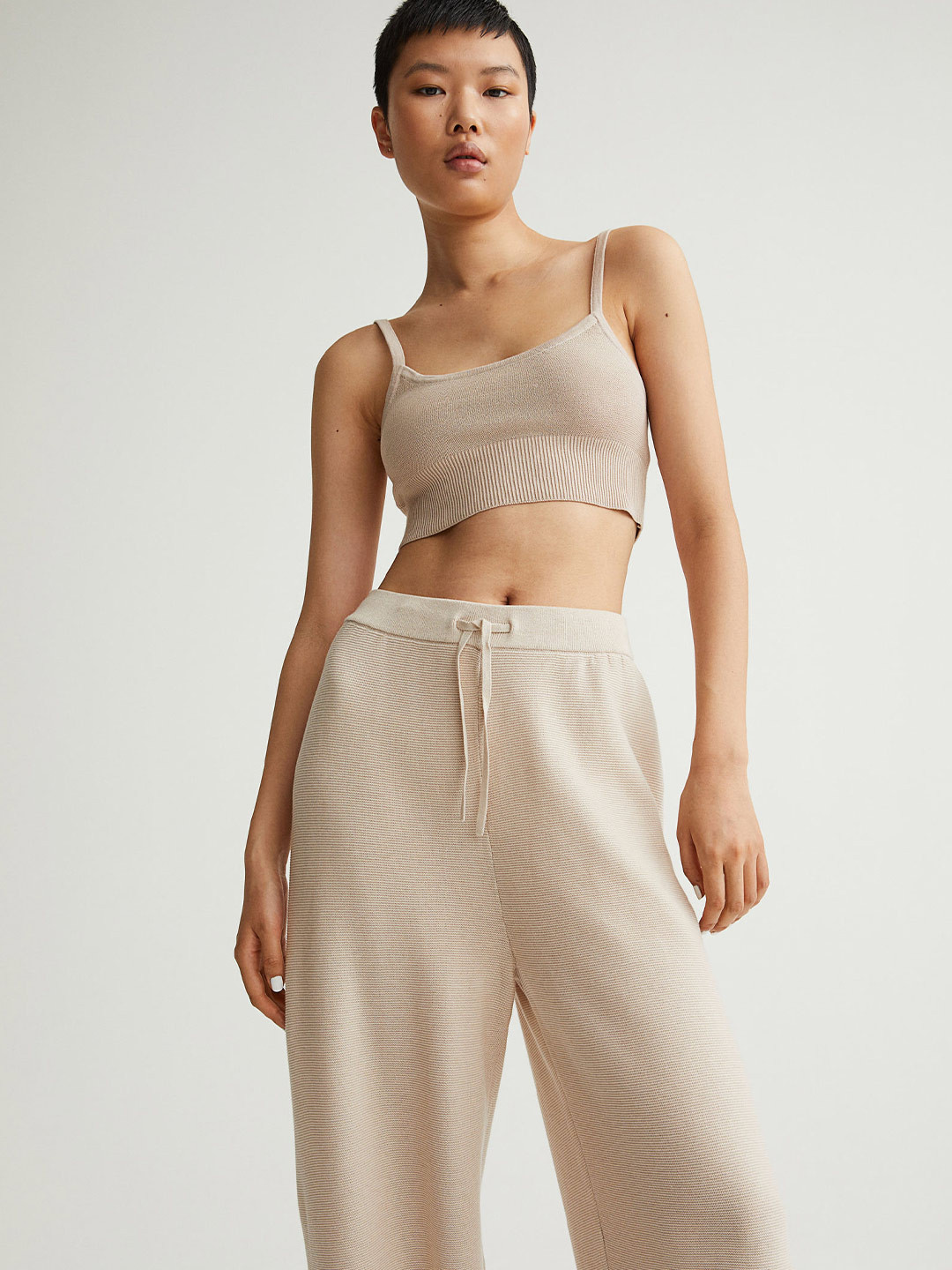 

H&M Women Beige Solid Garter-Stitched Knitted Crop Top
