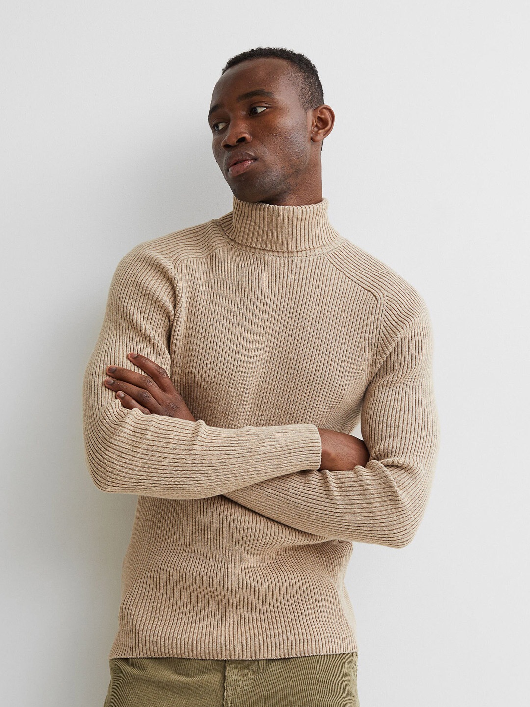 

H&M Men Beige Polo-Neck Jumper Muscle Fit