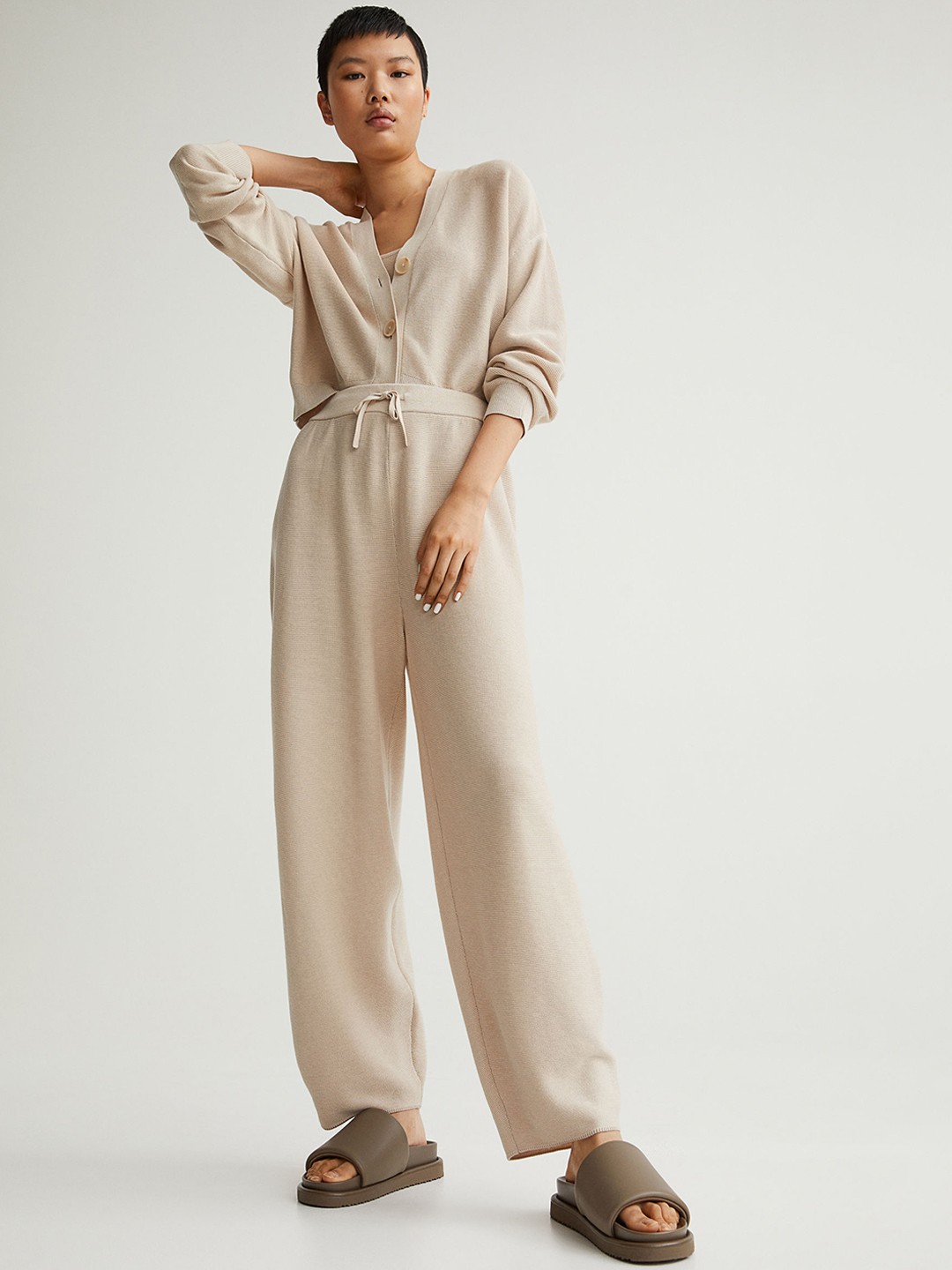 

H&M Women Beige Straight Fit Garter-Stitched Knitted Trousers