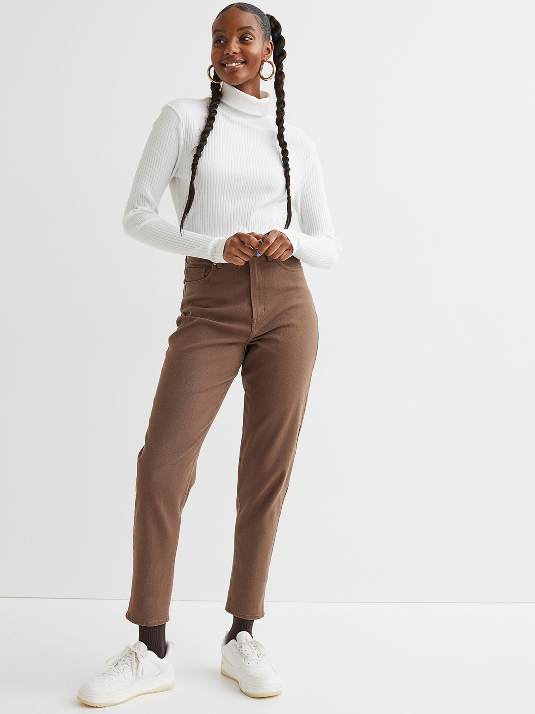 

H&M Women Brown Mom Loose Fit Twill Trousers
