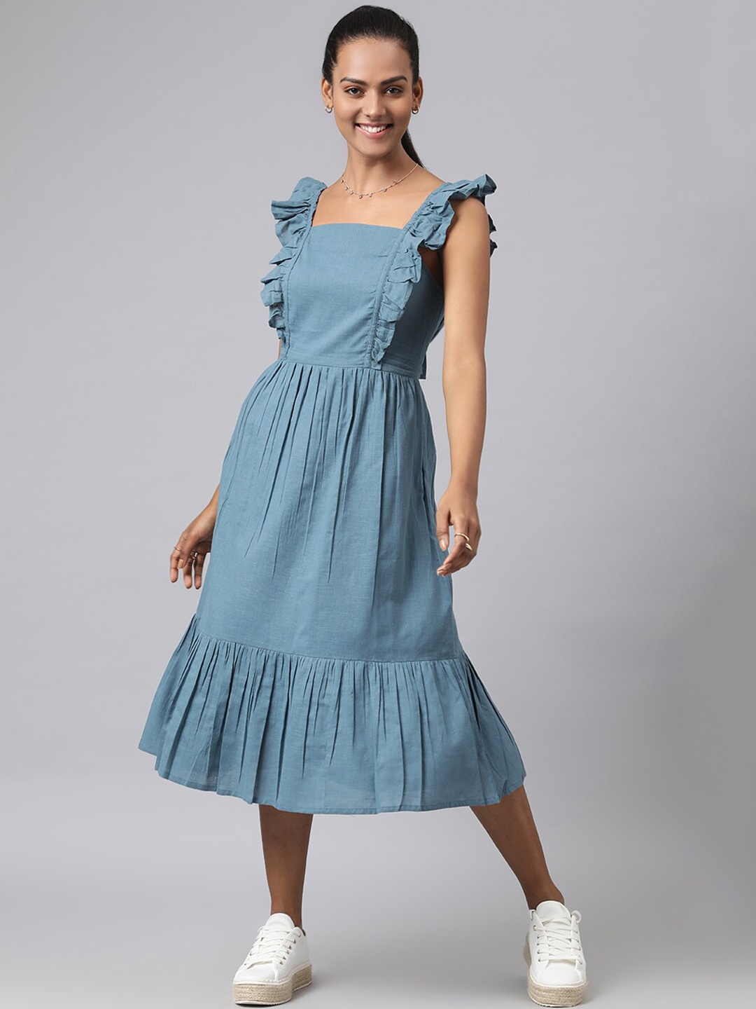 

Fabindia Teal A-Line Cotton Midi Dress