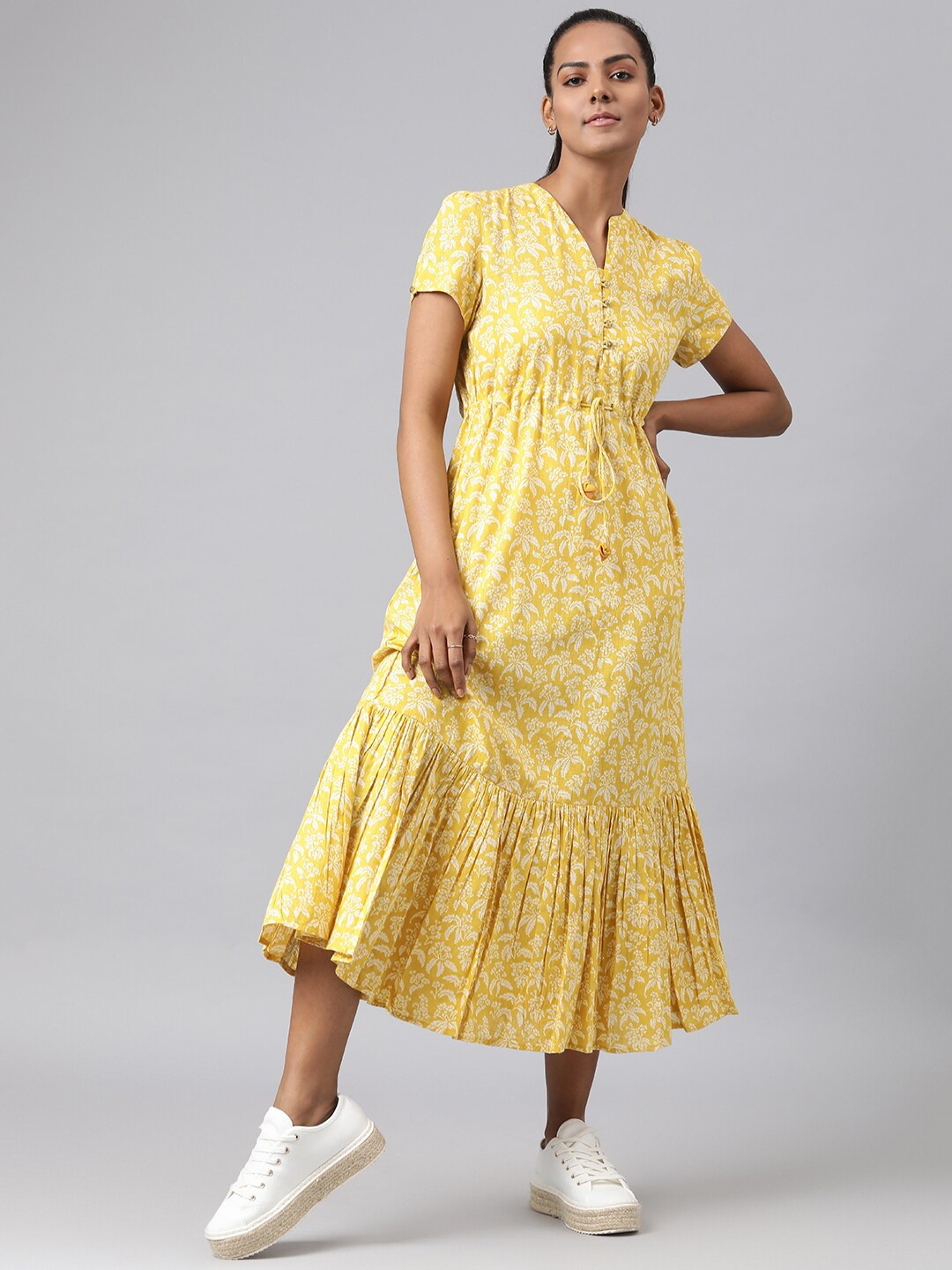 

Fabindia Mustard Yellow Floral Cotton Empire Midi Dress