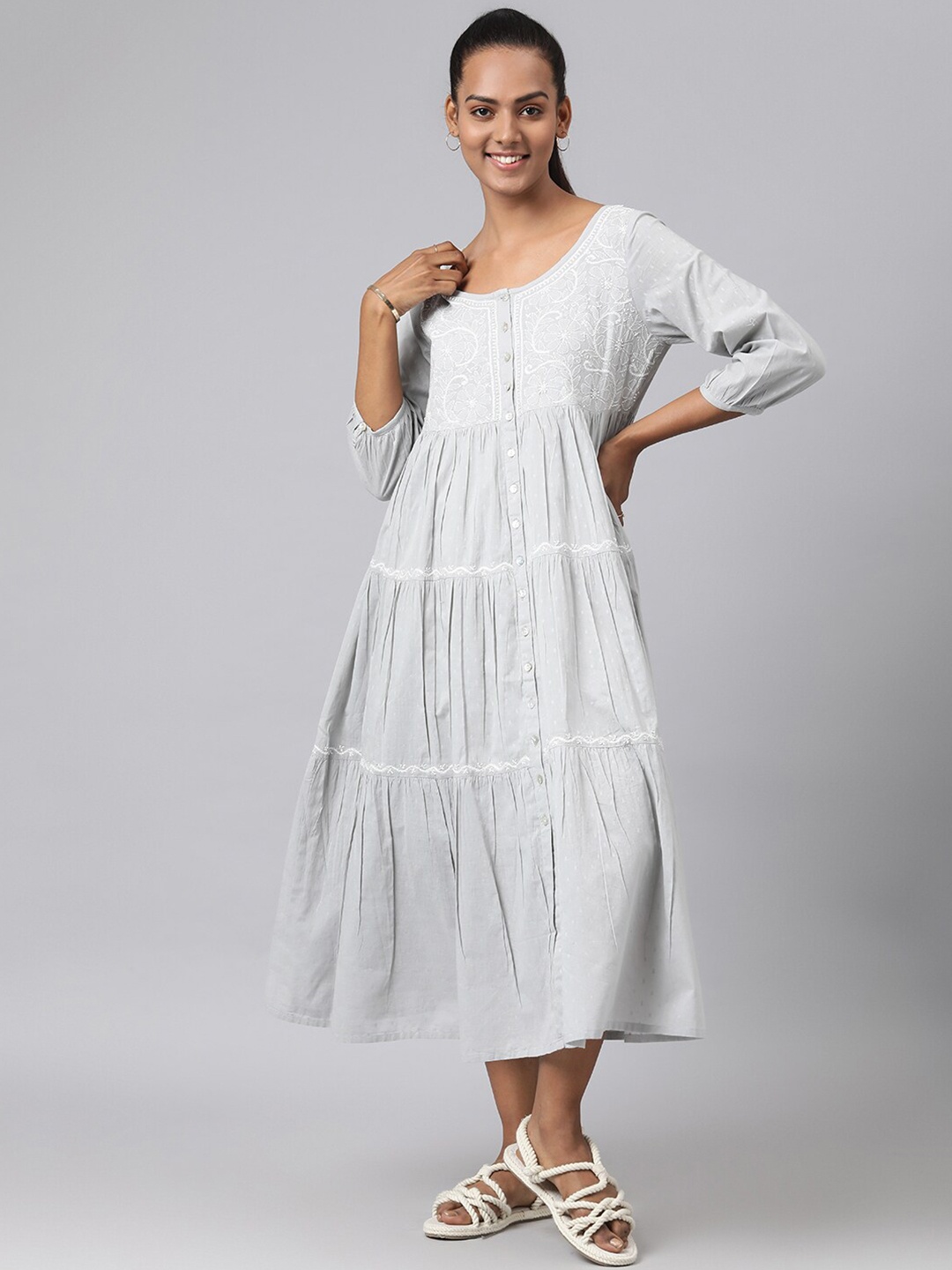

Fabindia Grey Floral Embroidered Cotton Chikankari Layered A-Line Midi Dress