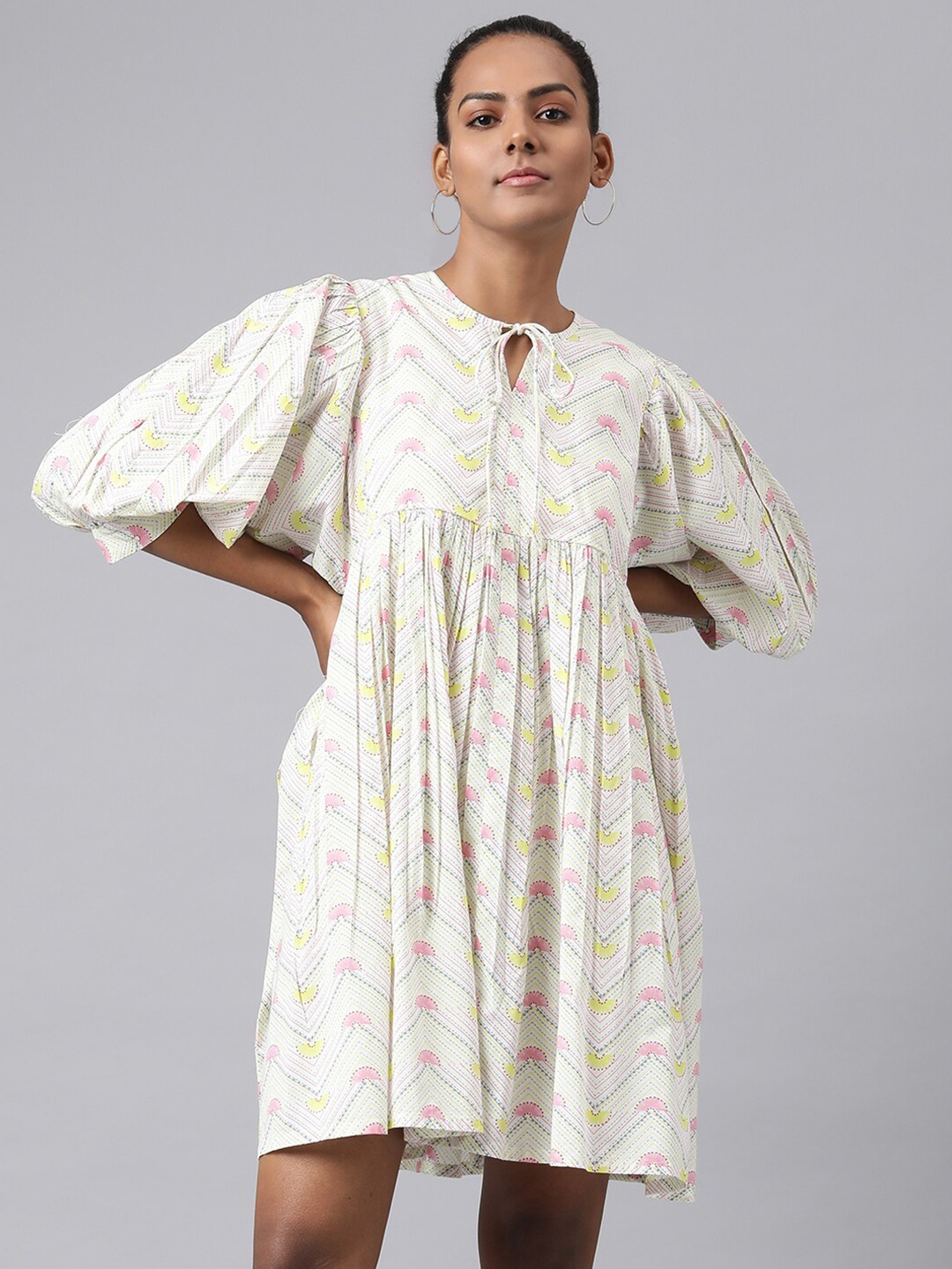 

Fabindia Pink & White Ethnic Motifs Tie-Up Neck A-Line Dress