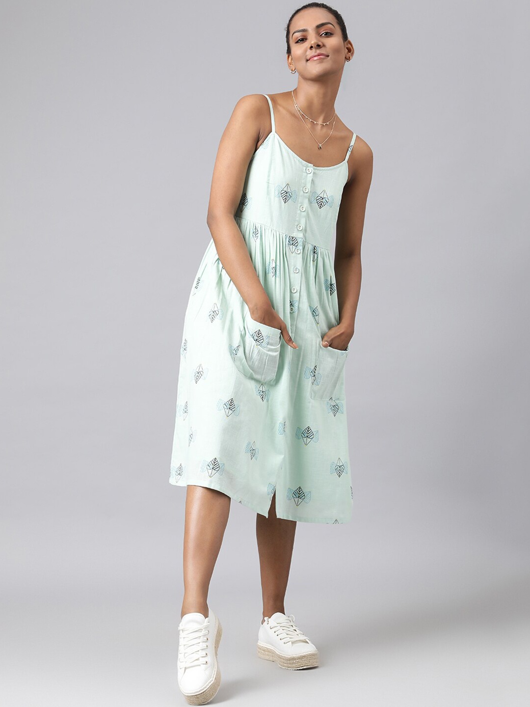 

Fabindia Women Sea Green Geometric Print A-Line Midi Dress