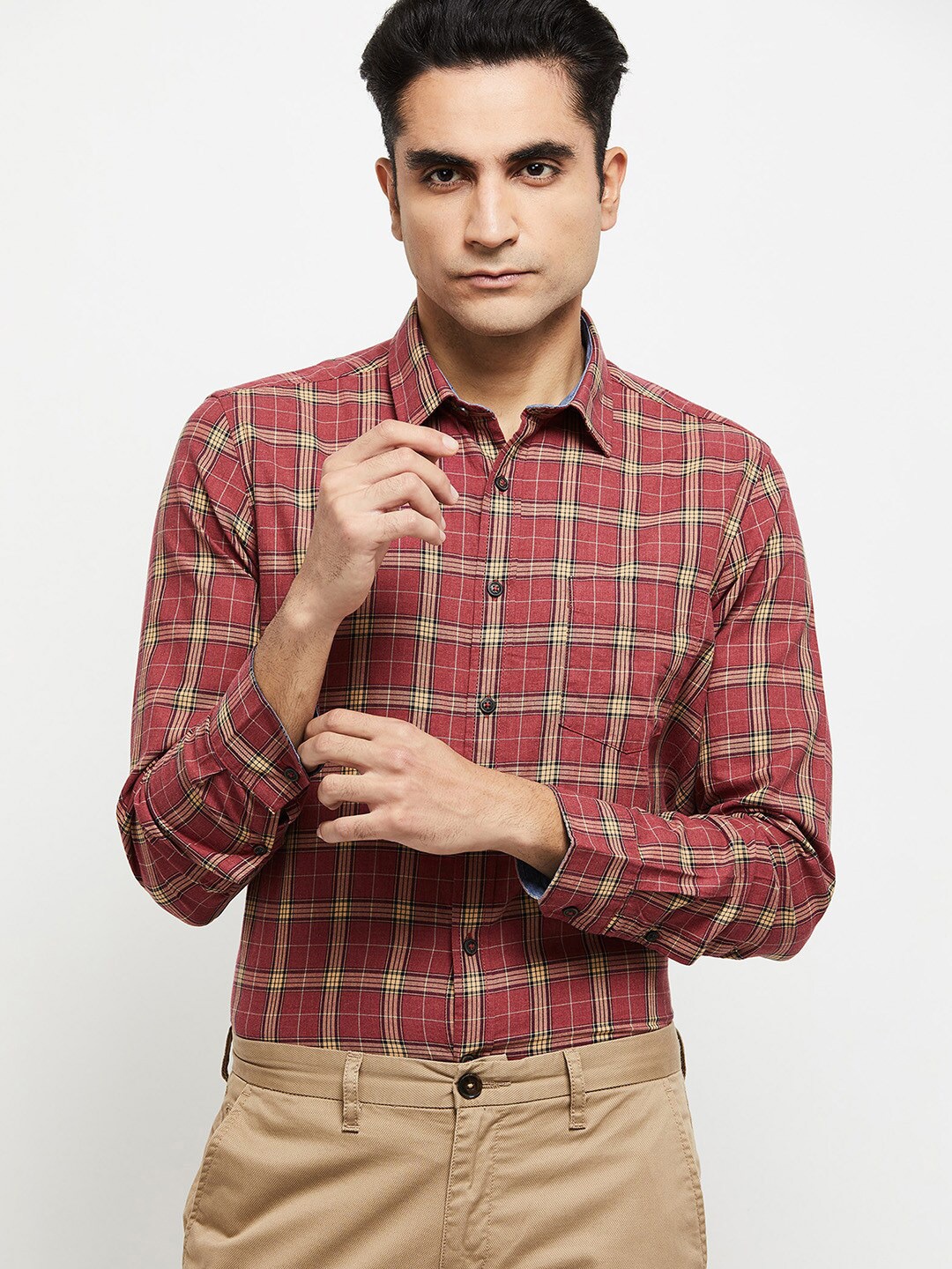 

max Men Maroon Tartan Checks Checked Cotton Casual Shirt