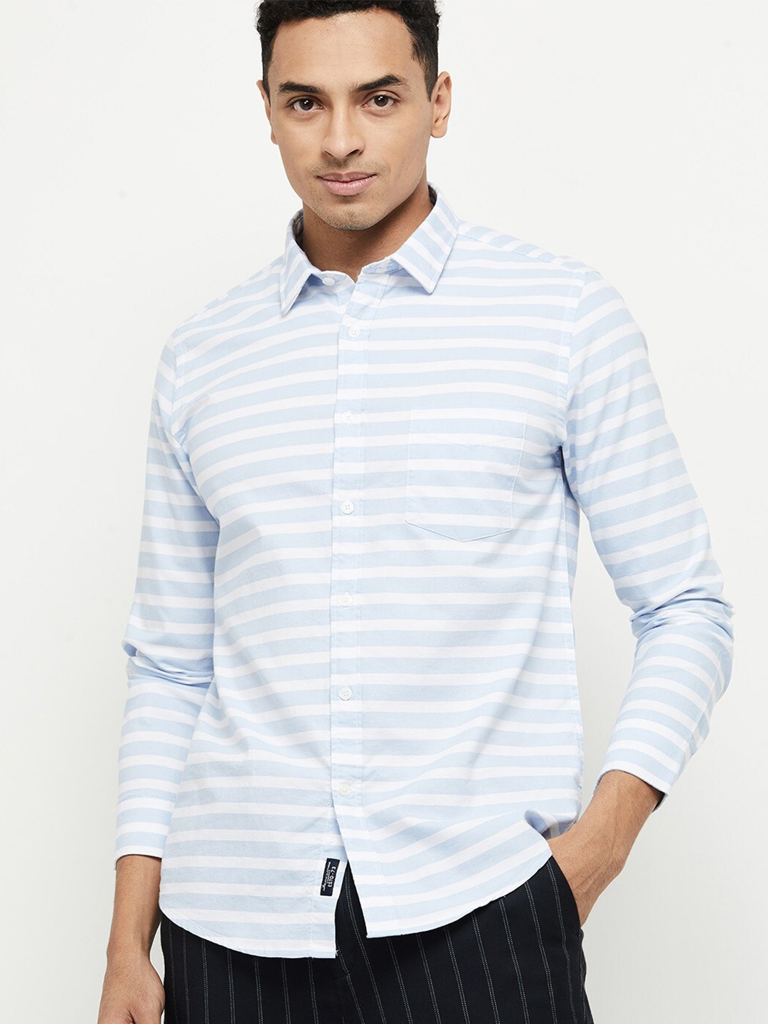 

max Men Blue & White Horizontal Striped Cotton Casual Shirt