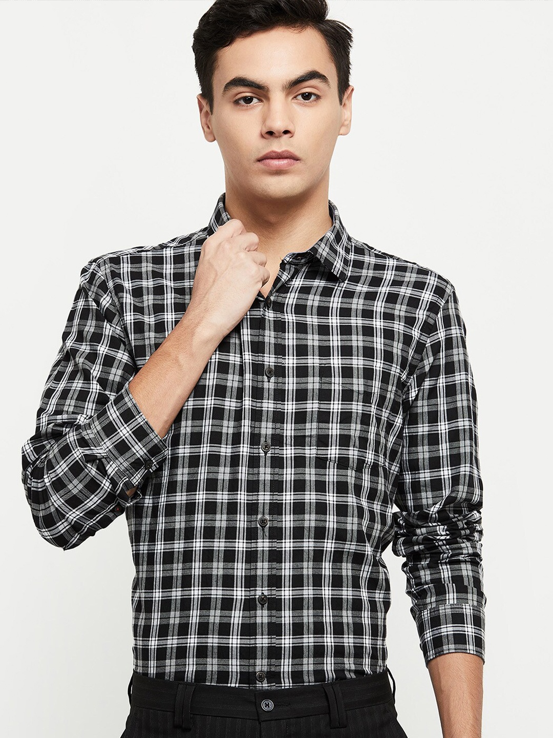 

max Men Grey Tartan Checks Regular Fit Cotton Casual Shirt