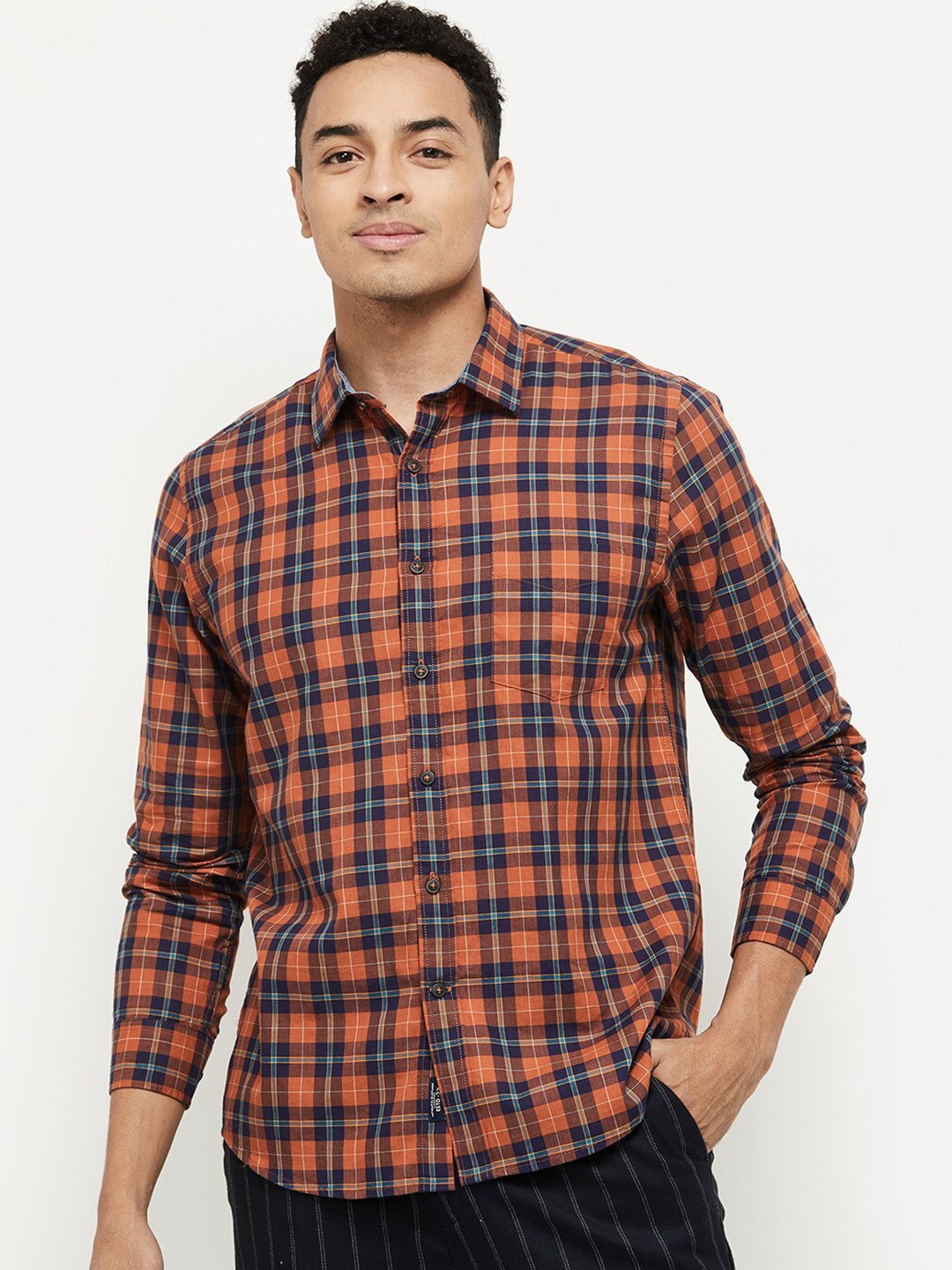 

max Men Orange & Navy Blue Tartan Checks Checked Pure Cotton Casual Shirt