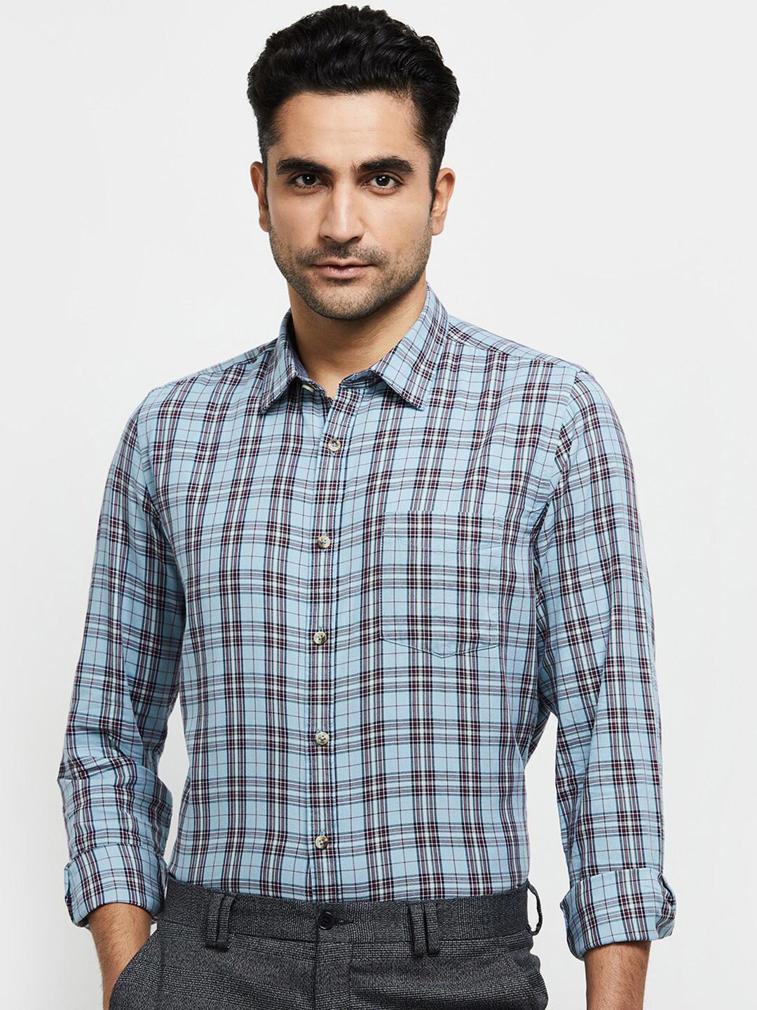 

max Men Grey & Blue Tartan Checked Cotton Casual Shirt