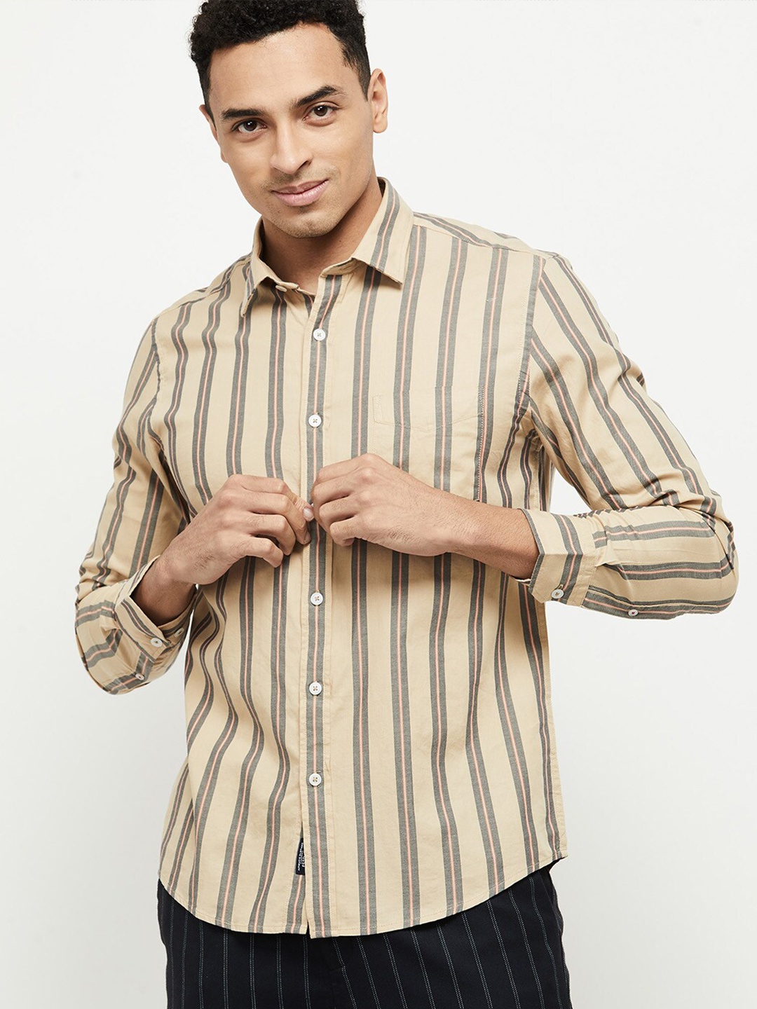 

max Men Beige Striped Casual Shirt
