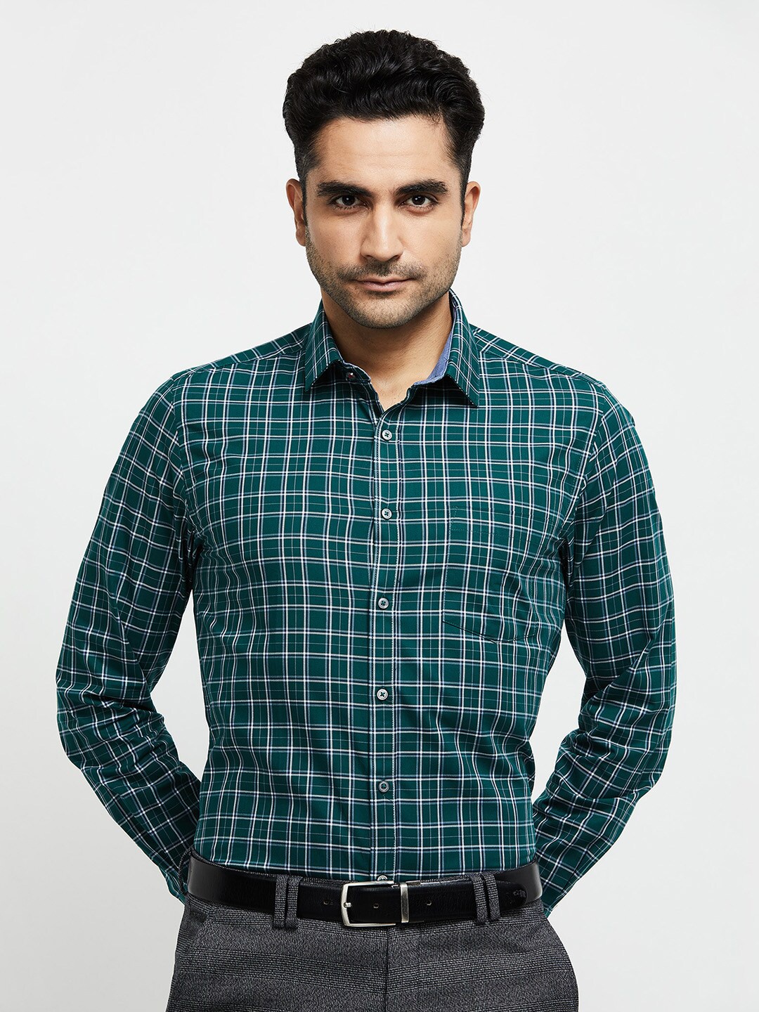 

max Men Green Tartan Checks Checked Casual Shirt