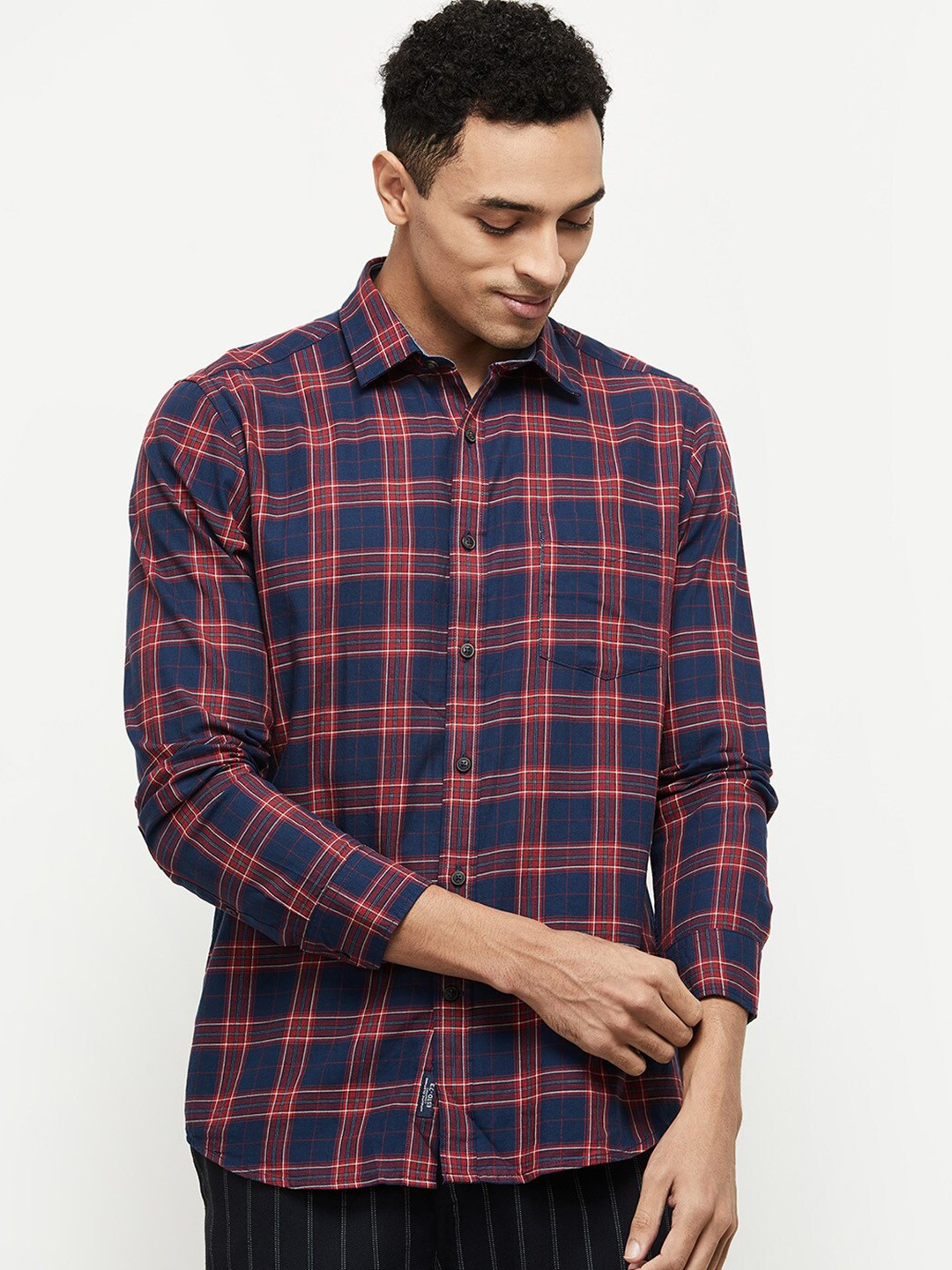 

max Men Navy Blue Tartan Checks Checked Casual Shirt