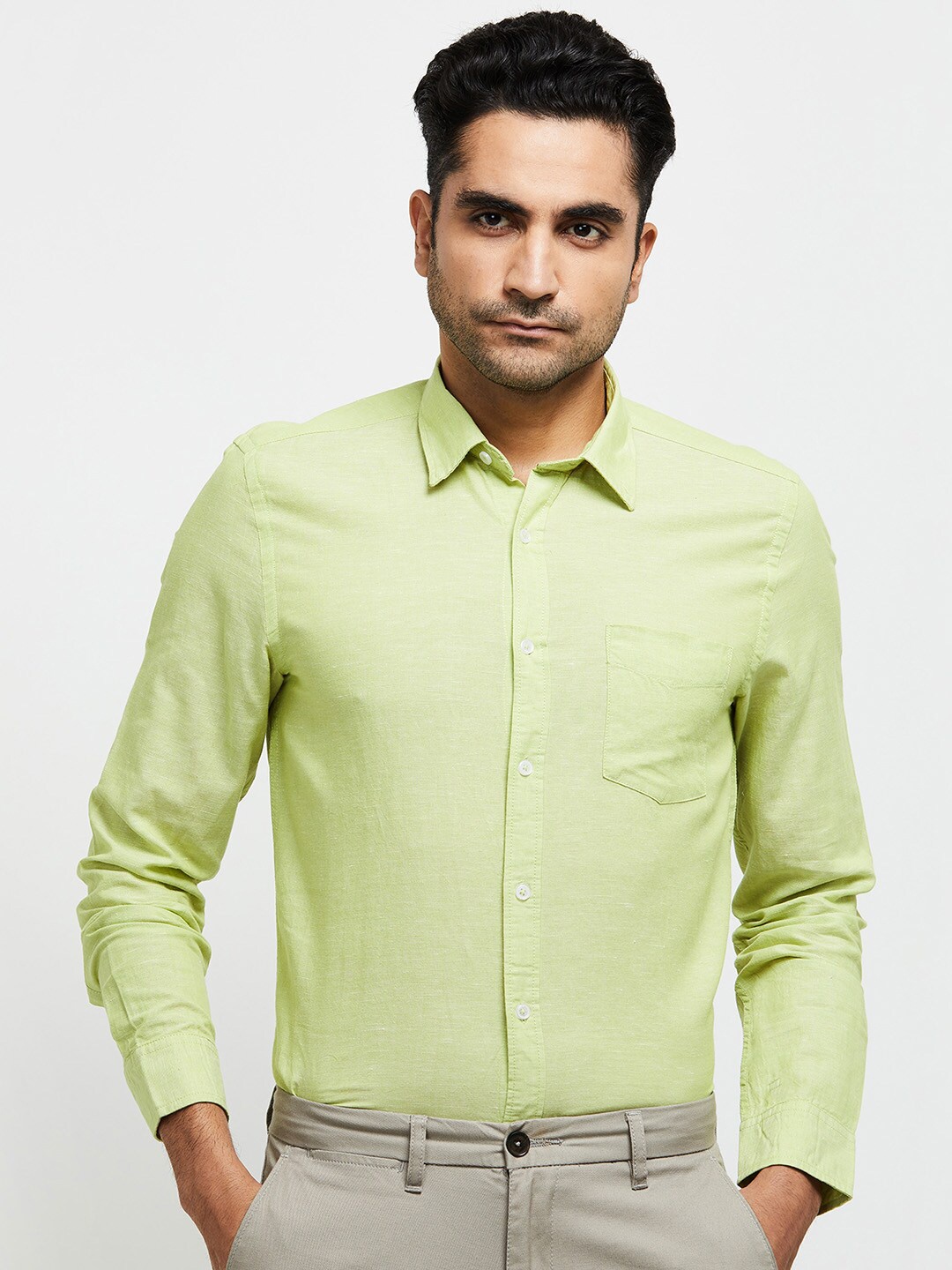 

max Men Green Regular Fit Cotton Linen Casual Shirt