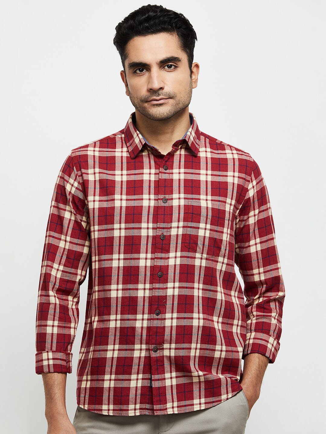 

max Men Maroon Tartan Checked Cotton Casual Shirt